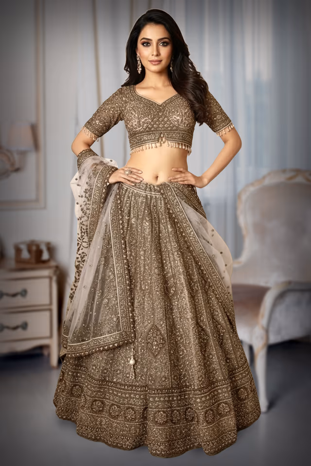 Nude Pastel Netted Ensemble with Intricate Stonework and Contrasting Border for Elegant… — back view, rent in Bangalore