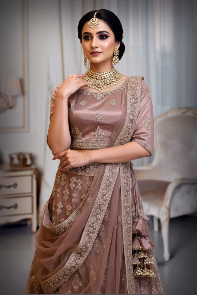 Nude pink tone Silk Lehenga Choli with Gold Zardozi and Sequin Embroidery. — rent in Coimbatore