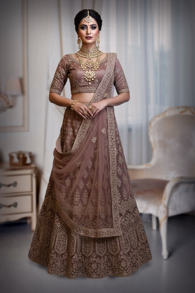 Nude pink tone Silk Lehenga Choli with Gold Zardozi and Sequin Embroidery. — back view, rent in Coimbatore