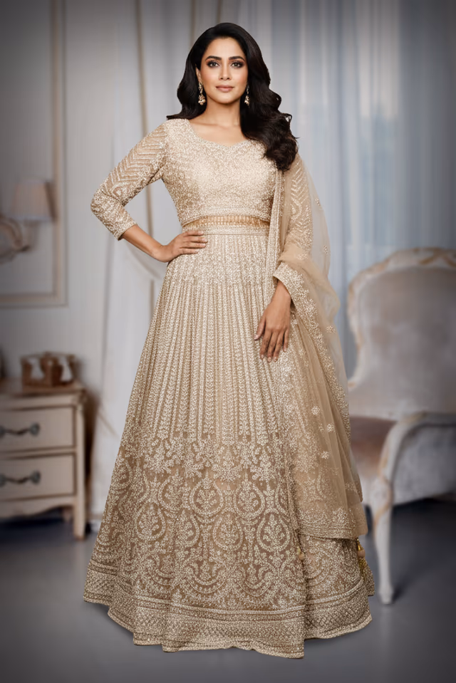 Nude Heavy Sequin and Embroidered Lehenga Skirt — back view, rent in Kochi