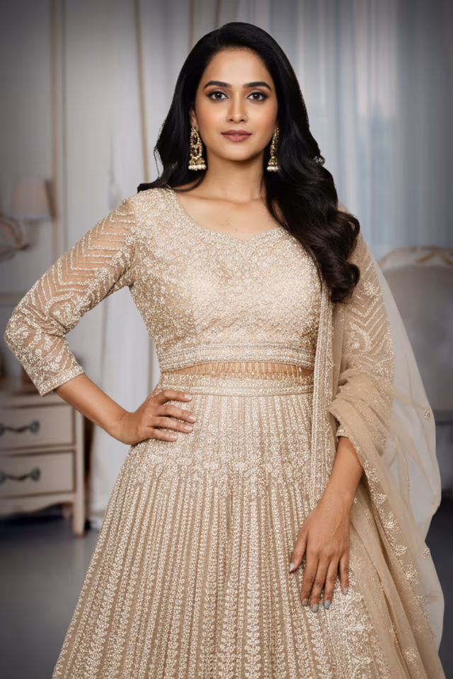Nude Heavy Sequin and Embroidered Lehenga Skirt — rent in Kochi