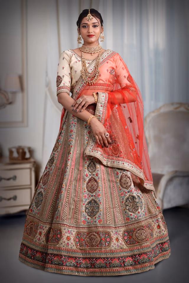 Off white silk heavy embroidery work lehenga — back view, rent in Bangalore