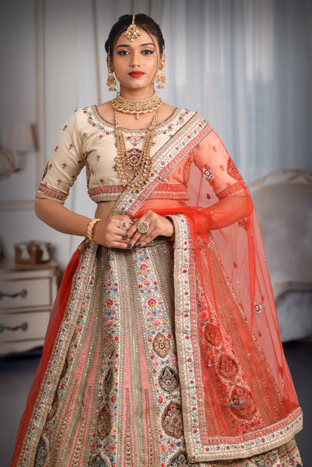 Off white silk heavy embroidery work lehenga — rent in Bangalore