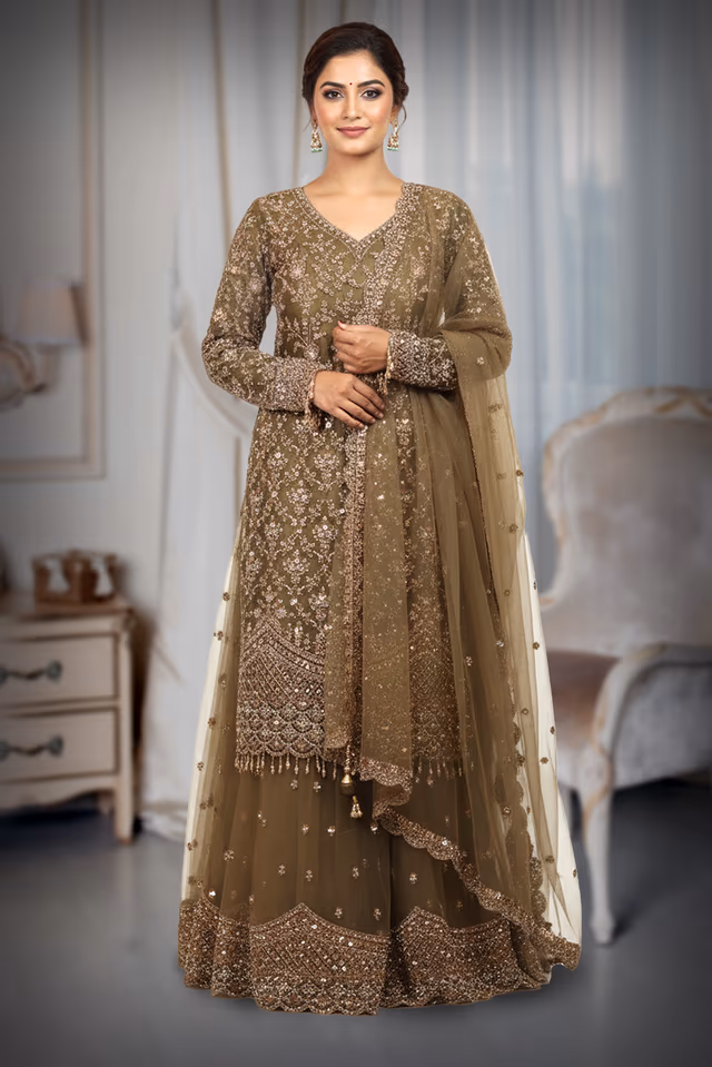 Olive Green Heavy Embellished Bridal Sharara Set with Golden Stone Details On Pant , Crop Top… — back view, rent in Calicut