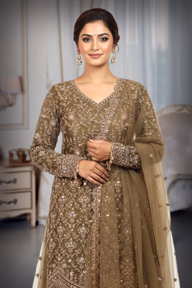 Olive Green Heavy Embellished Bridal Sharara Set with Golden Stone Details On Pant , Crop Top And Dupatta — rent in Calicut