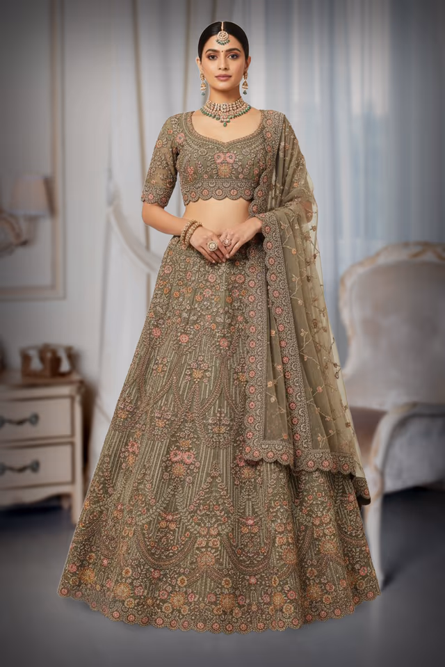 Olive Green Heavy Embroidered Bridal Net Lehenga Choli with Dupatta — rent in Coimbatore