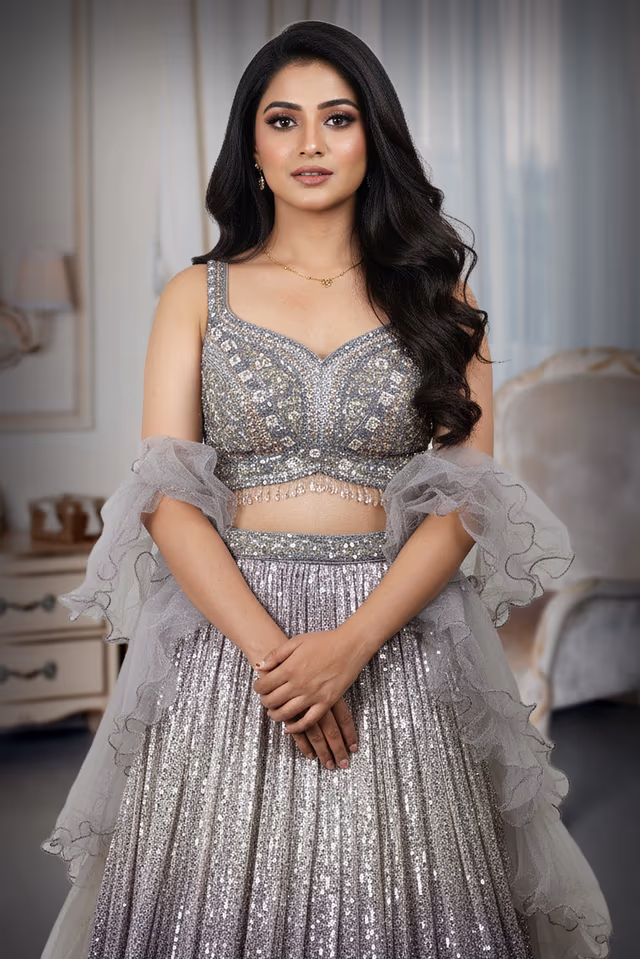 Stunning Ombre Gown Features All-Over Sequin Work And A Dramatic Ruffled Dupe. Ideal For Evening Parties — rent in Calicut