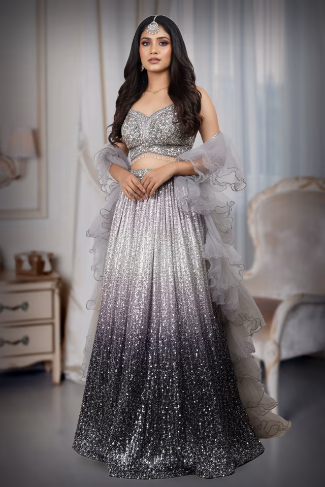 Stunning Ombre Gown Features All-Over Sequin Work And A Dramatic Ruffled Dupe. Ideal For… — back view, rent in Calicut
