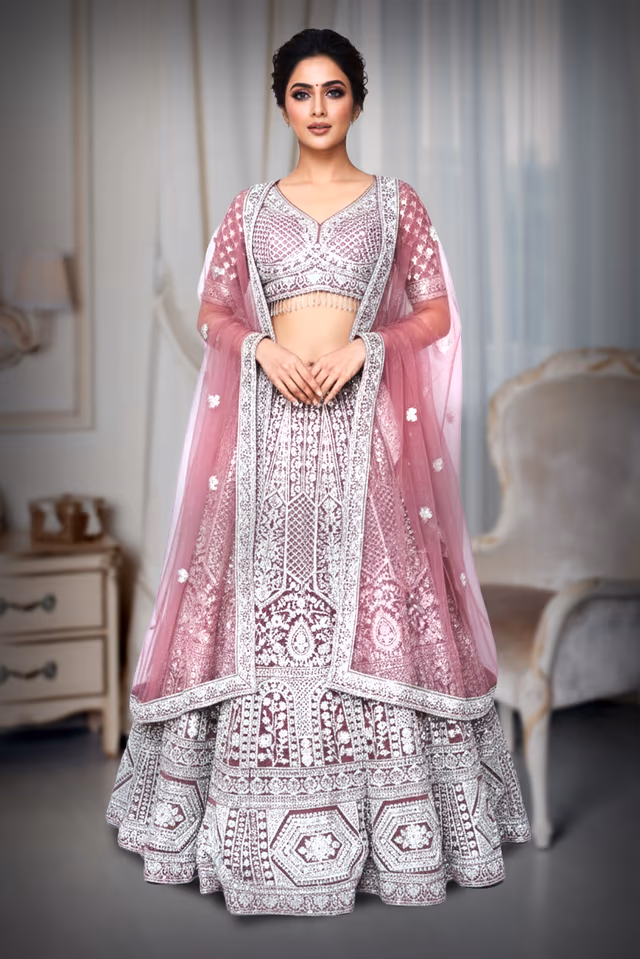Onian pink lehenga with silver embriodered — back view, rent in Bangalore
