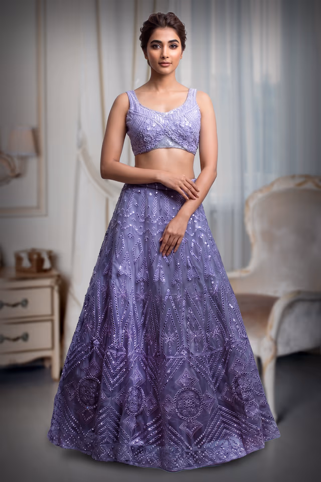 Opera Mauve Heavy Handworked Crop Top Lehenga Set With Inverted V Cut On Waistline — back view, rent in Bangalore
