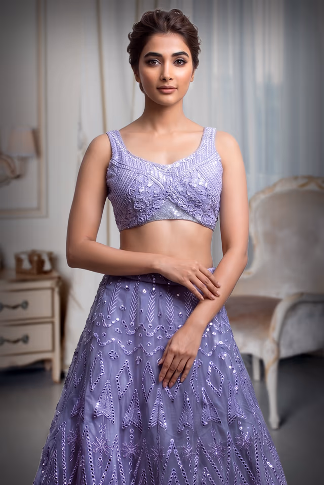 Opera Mauve Heavy Handworked Crop Top Lehenga Set With Inverted V Cut On Waistline — rent in Bangalore