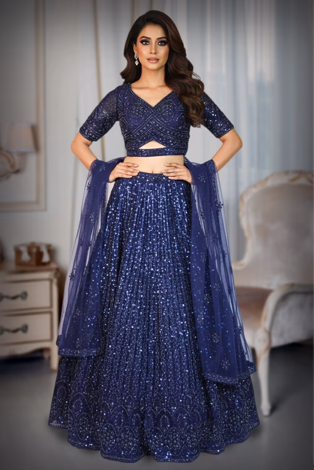 An Opulent Midnight Blue Lehenga — back view, rent in Bangalore