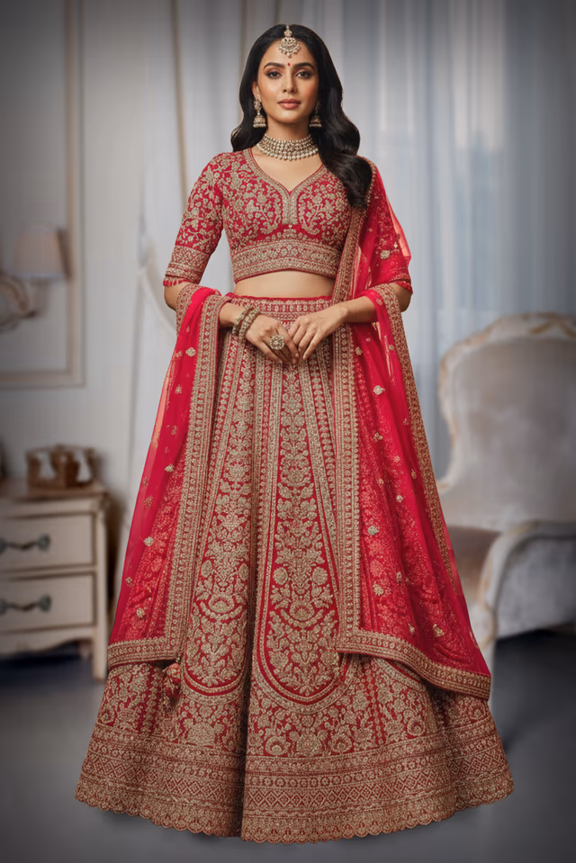 Ornate Crimson Silk Lehenga with Intricate Gold Zari and Resham Hand-Embroidery — back view, rent in Kochi