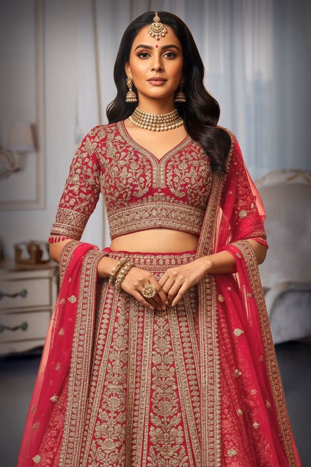 Ornate Crimson Silk Lehenga with Intricate Gold Zari and Resham Hand-Embroidery — rent in Kochi