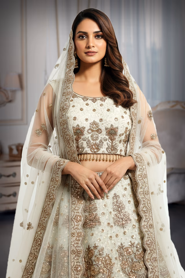 Ornate Ivory Silk-Blend Lehenga with Scalloped Border and Dense Antique Zardosi Embroidery. — rent in Kochi