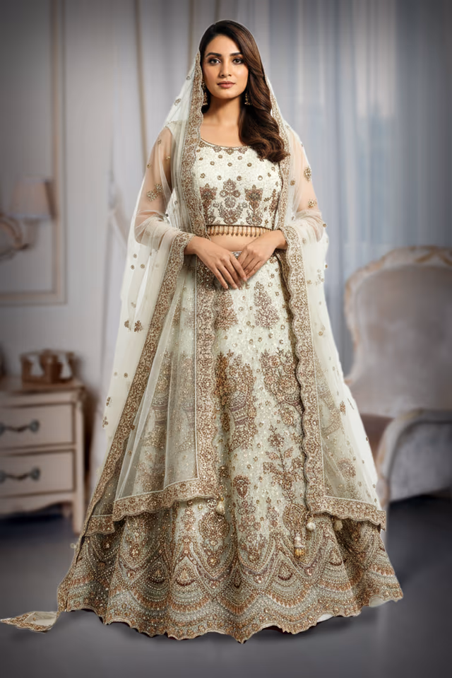 Ornate Ivory Silk-Blend Lehenga with Scalloped Border and Dense Antique Zardosi Embroidery. — back view, rent in Kochi