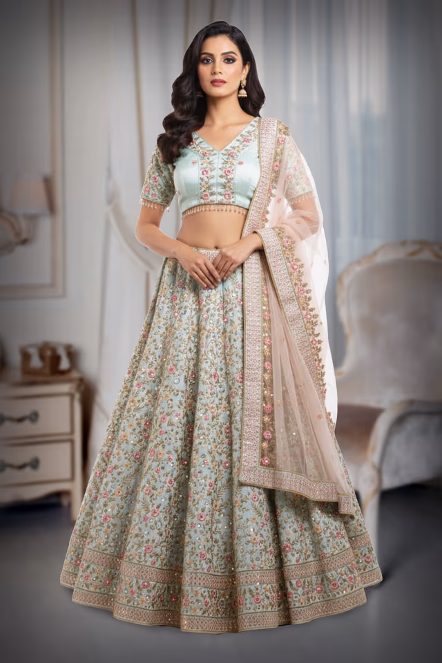 Pale Blue Lehenga Set Showcases Heavy Thread Work Throughout The Skirt Paired With A Matching… — back view, rent in Calicut
