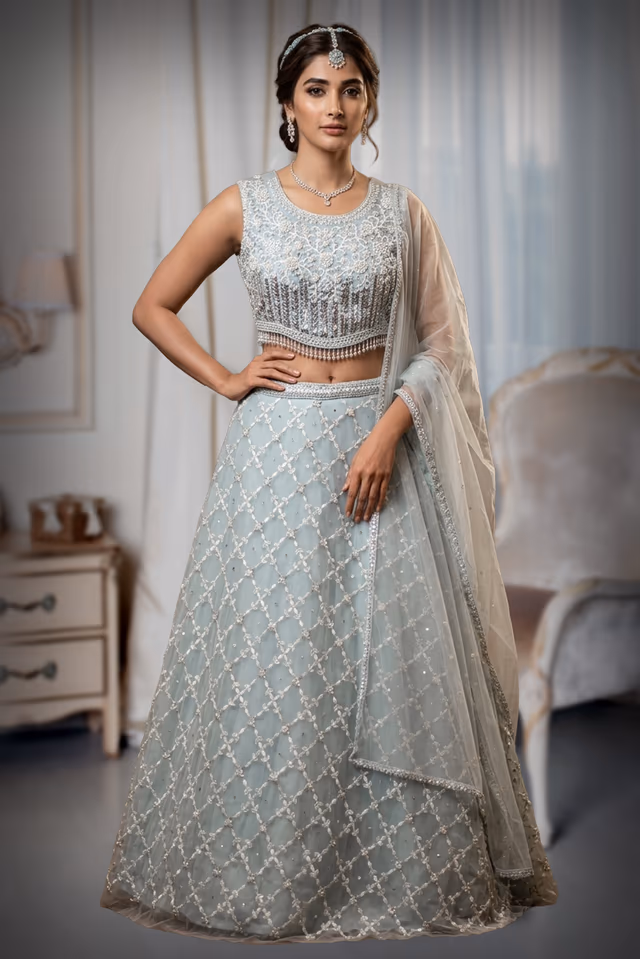 Pastel Blue Net Lehenga With Threadwork Details All Over The Skirt And Top Along With Same… — back view, rent in Calicut