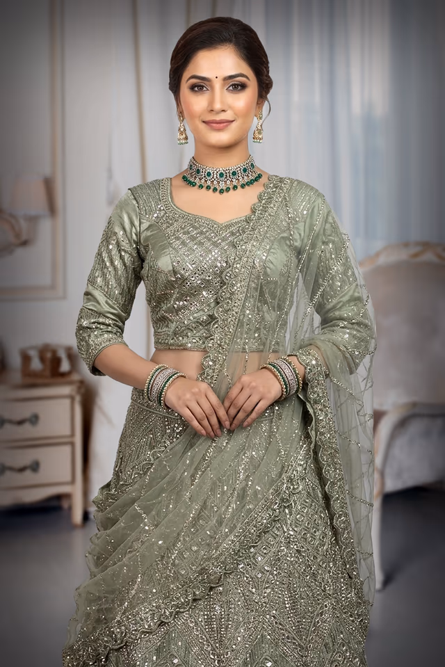 Pastel Green Net Lehenga With Stone Work Detailing With Crop Top Blouse And Same Color Dupatta — rent in Calicut
