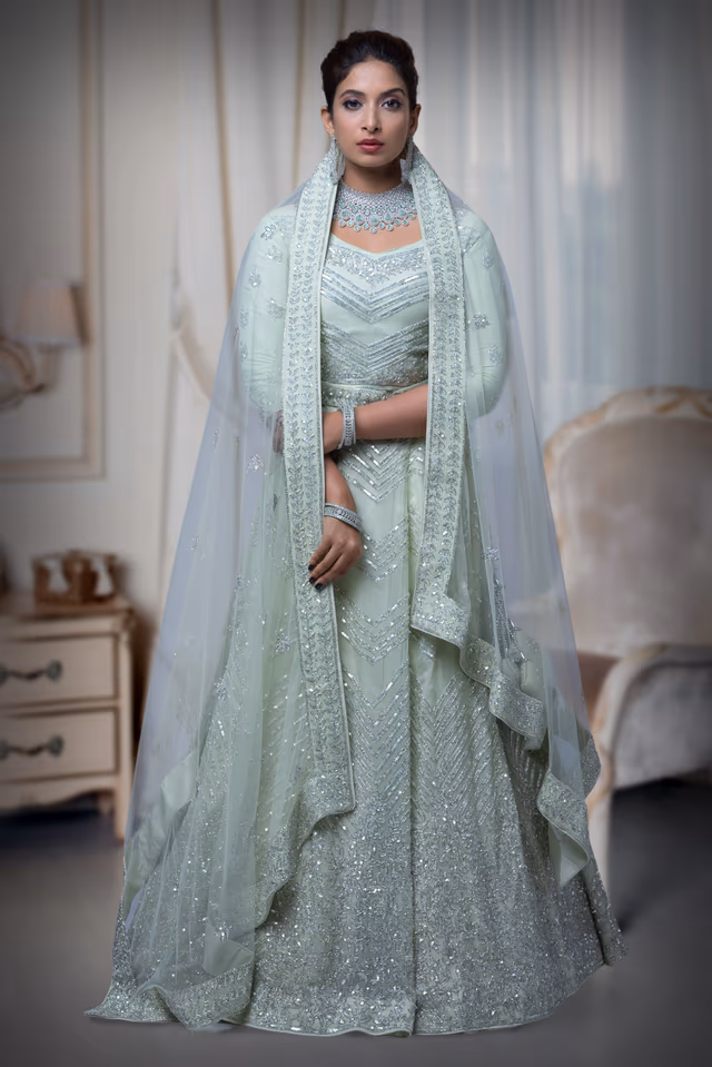 Pastel Green Sequins Work Lehenga — back view, rent in Calicut