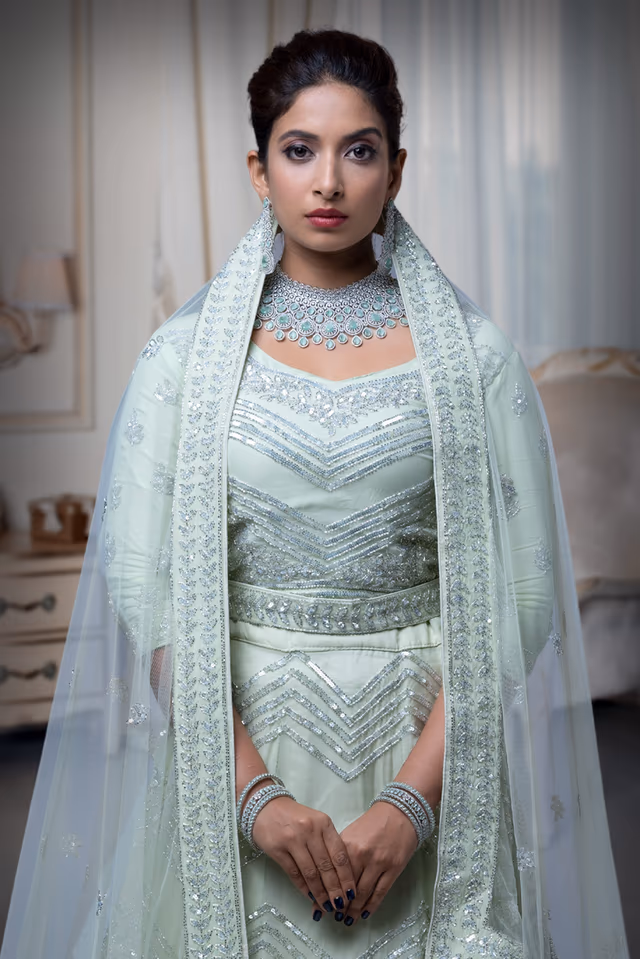 Pastel Green Sequins Work Lehenga — rent in Calicut