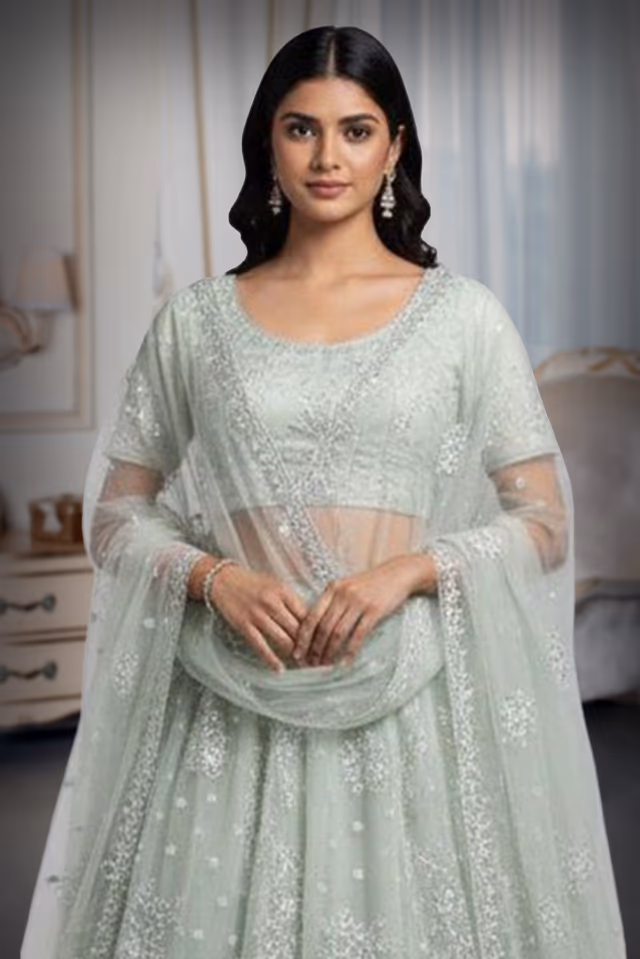 Pastel Mint Green Embellished Net Lehenga Choli with Dupatta — rent in Coimbatore