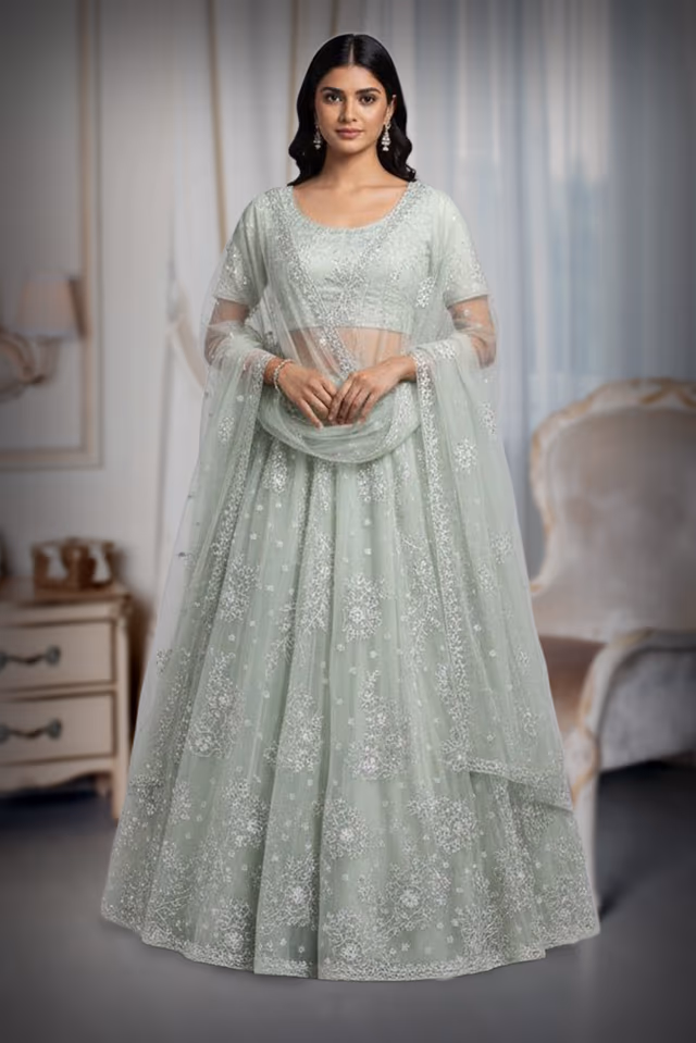 Pastel Mint Green Embellished Net Lehenga Choli with Dupatta — back view, rent in Coimbatore