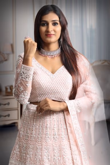 Pastel pink heavy thread work and jarkan work lehenga — rent in Bangalore
