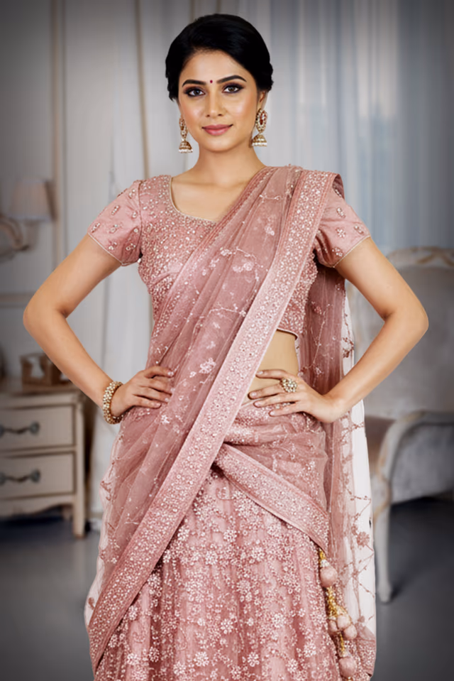 Pastel Pink Wedding Lehenga With Stone Work And Threadwork Details Along With Same Color Dupatta — rent in Calicut