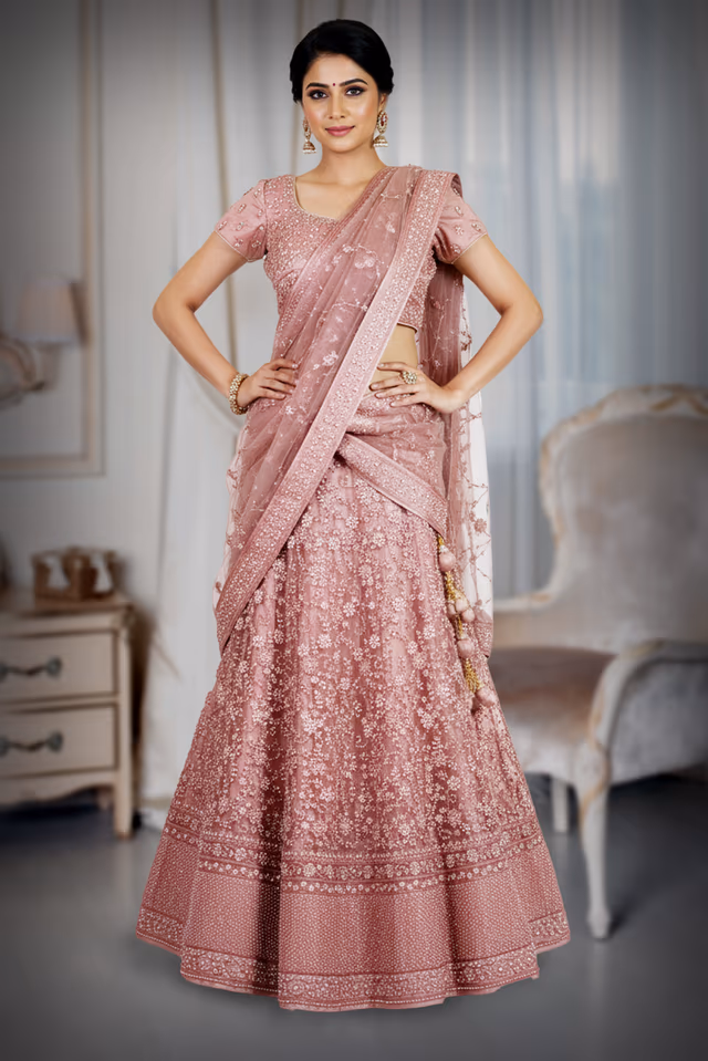 Pastel Pink Wedding Lehenga With Stone Work And Threadwork Details Along With Same Color Dupatta — back view, rent in Calicut