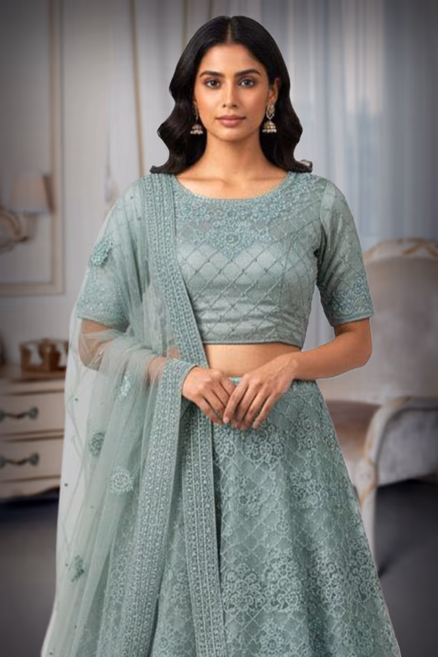 Pastel Sage Green Embroidered Net Lehenga Choli — rent in Coimbatore