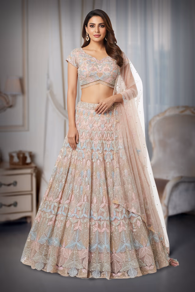 Pastel Shade Multi colour  cut Bead worked Peach lehenga along with thw dhupatta — back view, rent in Coimbatore