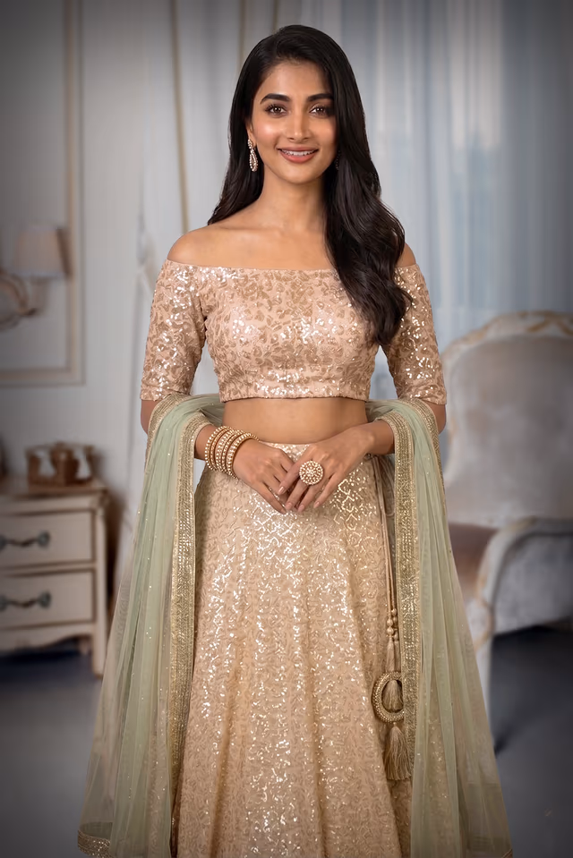 Peach Ensemble with Boat Neckline, Thread Work, Lace, and Stone Embellishments for Elegant Occasions — rent in Kochi