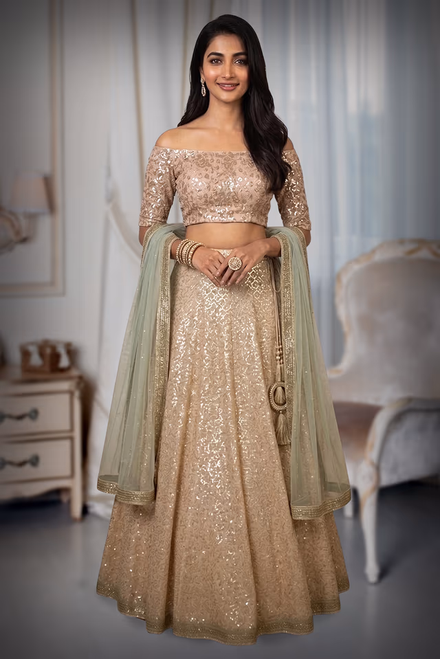 Peach Ensemble with Boat Neckline, Thread Work, Lace, and Stone Embellishments for Elegant… — back view, rent in Kochi