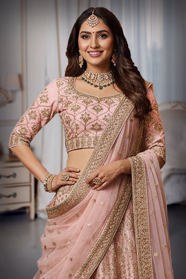 Peach Gold Embroidered Silk Lehenga with Traditional Blouse — rent in Kochi