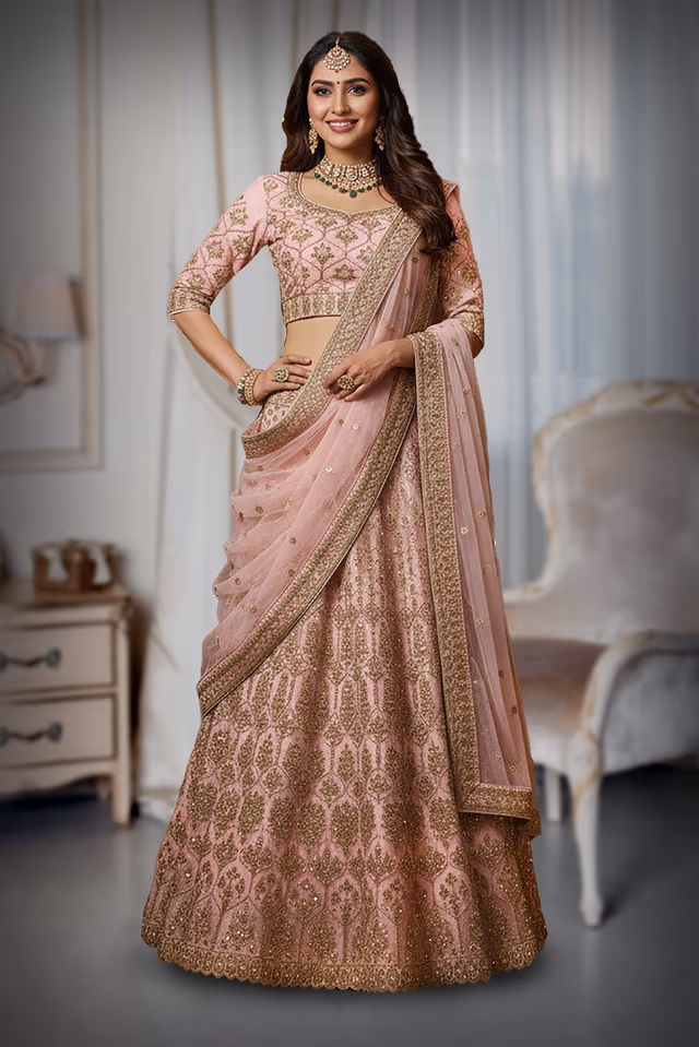 Peach Gold Embroidered Silk Lehenga with Traditional Blouse — back view, rent in Kochi