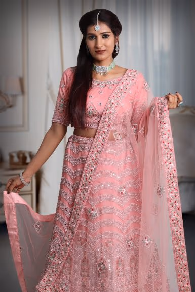 Peach pink embroidery work lehenga — rent in Bangalore