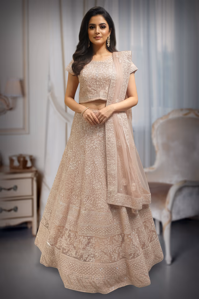 Peach Thread Worked  net fabric  embellished with Mirror and Stone Works — back view, rent in Coimbatore