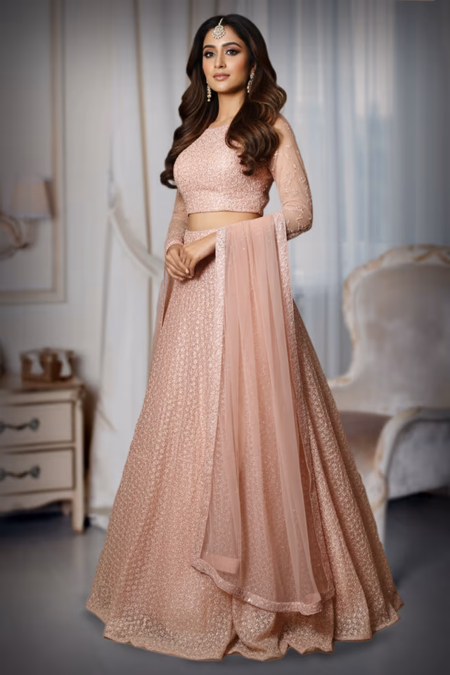 Elegant Peach-Toned Sequin-Embroidered Cape/Skirt and crop top Lehenga — back view, rent in Kochi