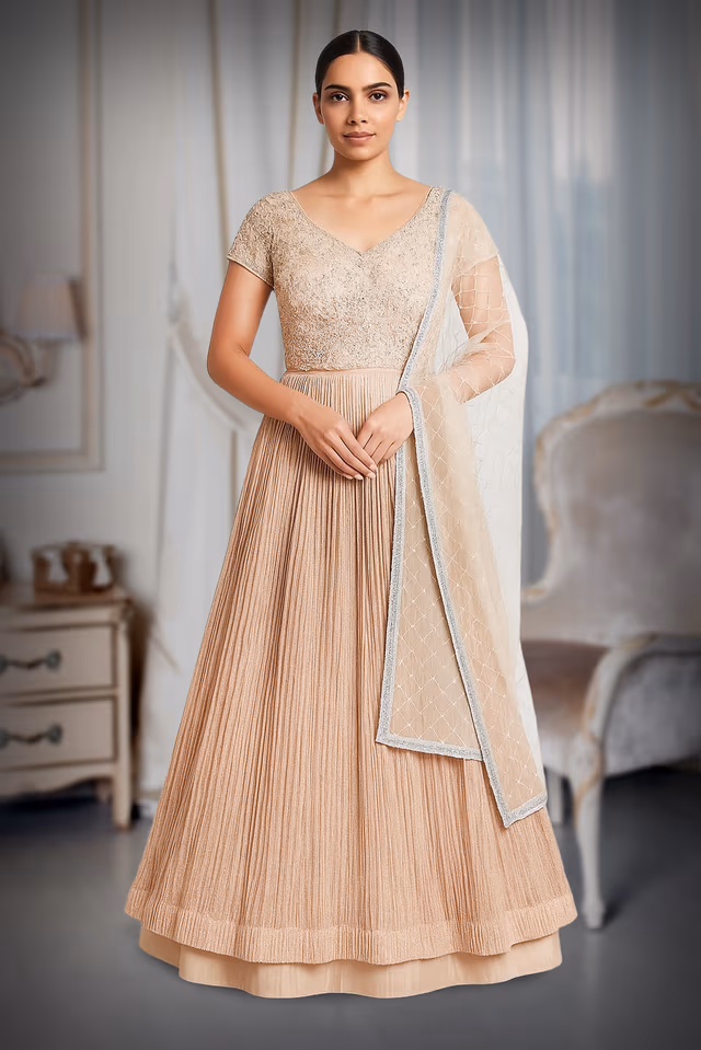 Peach lehenga heavy worked blouse with sequence skirt — back view, rent in Coimbatore