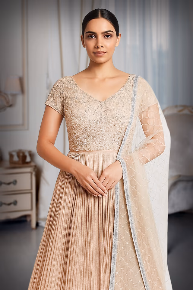 Peach lehenga heavy worked blouse with sequence skirt — rent in Coimbatore