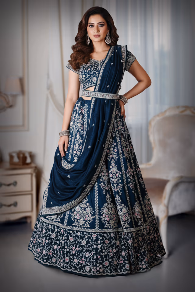 Peacock Blue Pre Wedding Lehenga With Microprint Detailed Skirt, Handworked Top And Same Color… — back view, rent in Calicut