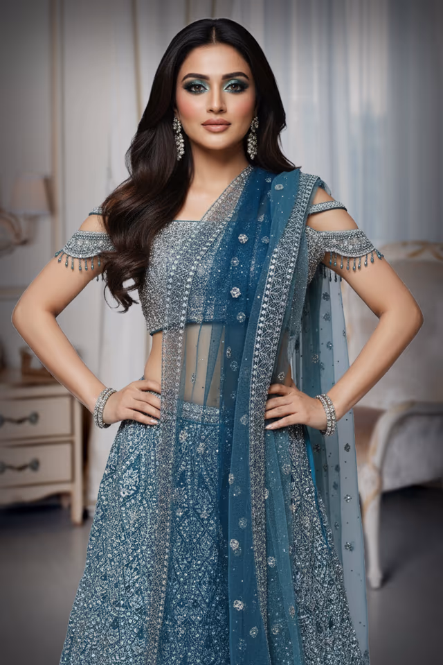 Peacock Blue Stone-Embellished Lehenga Set with Detailed Skirt Work and Cold-Shoulder Blouse — rent in Bangalore