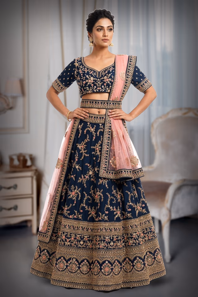 Persian Blue Georgette Outfit with Floral Zari Stone Work and Butta Dupatta — back view, rent in Bangalore