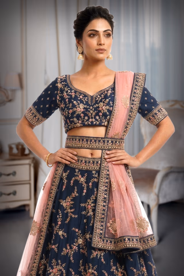 Persian Blue Georgette Outfit with Floral Zari Stone Work and Butta Dupatta — rent in Bangalore