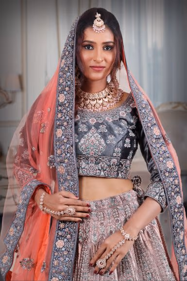 Pink & blue  combination heavy thread work lehenga — view 1 of 5