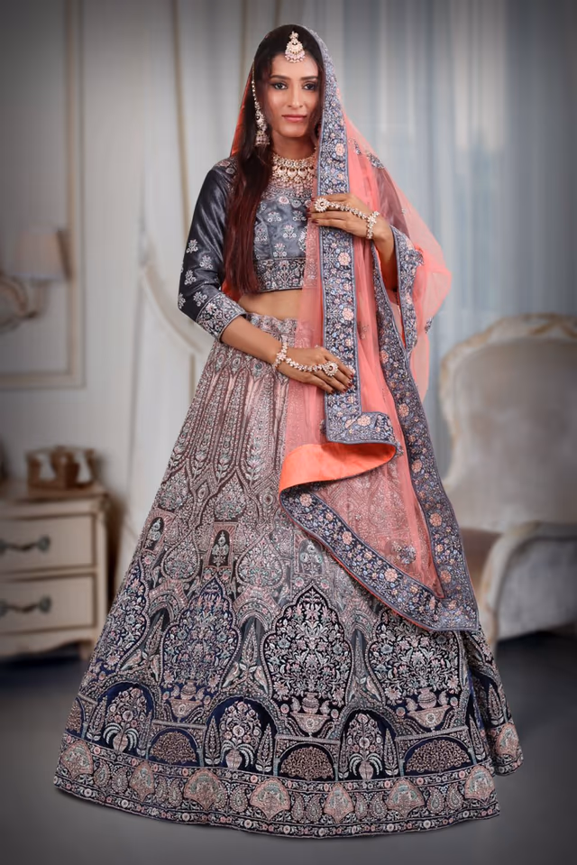 Pink & blue  combination heavy thread work lehenga — back view, rent in Coimbatore