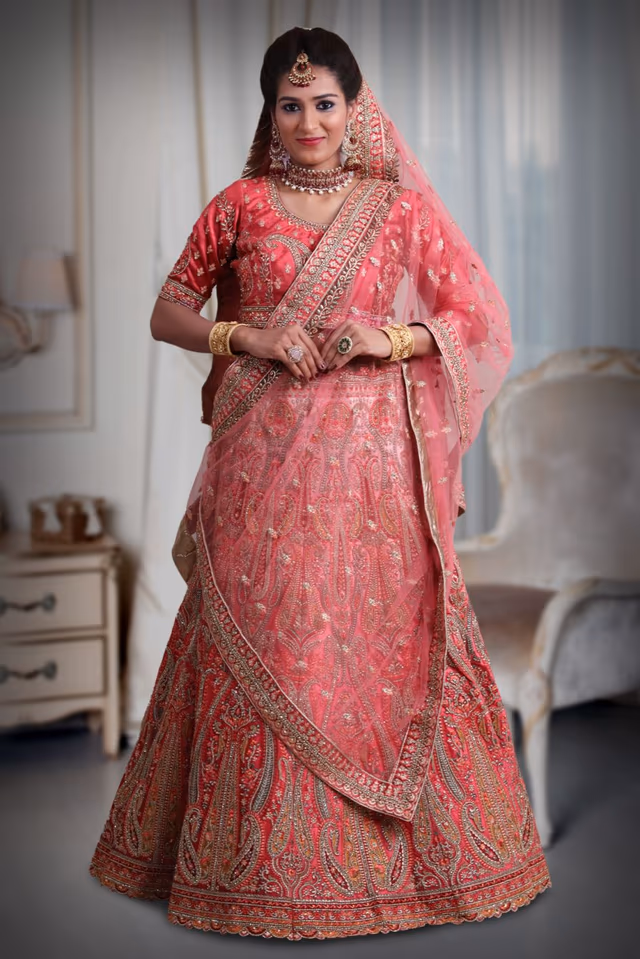 pink Double shade embroidery work lehenga — back view, rent in Calicut