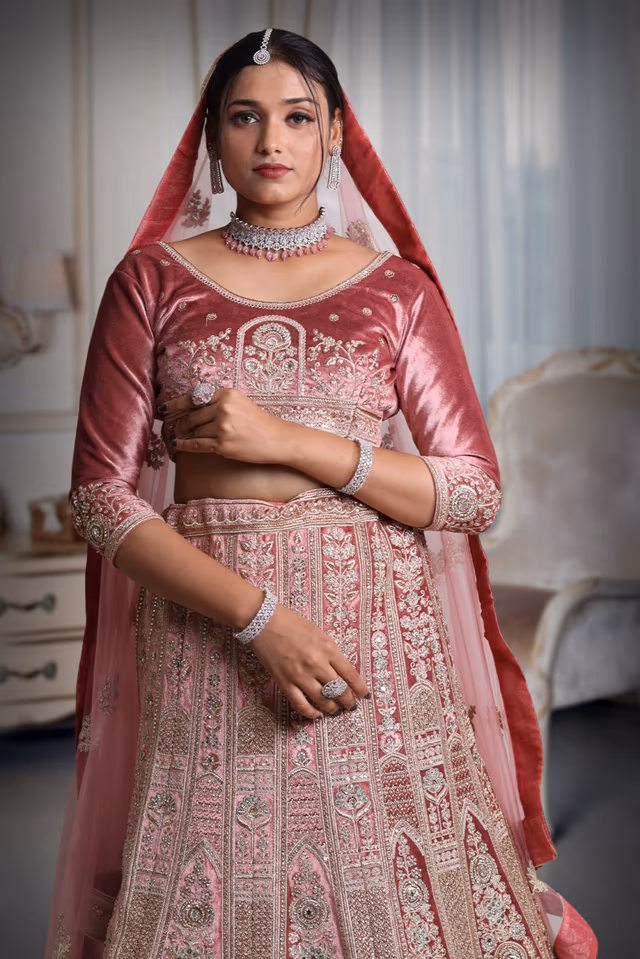 Pink golden work lehenga — view 1 of 5