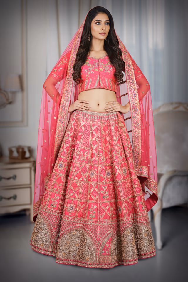 Pink Gotta Patti Embroidred Lehenga — back view, rent in Bangalore